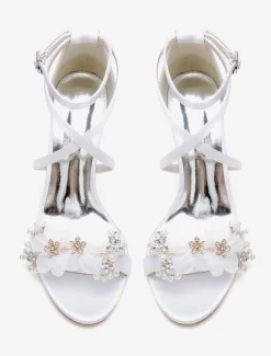 Chaussures de mariage Satin Fleurs blanches Sandales de mariage à bout ouvert