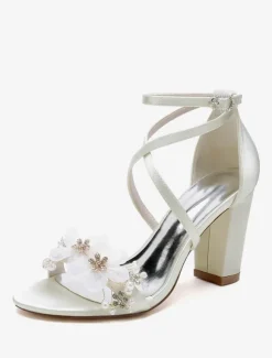 Chaussures de mariage Satin Fleurs blanches Sandales de mariage à bout ouvert