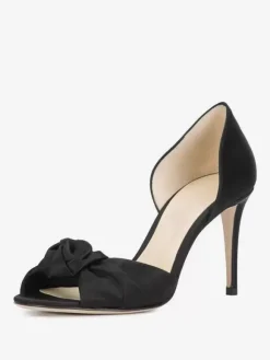 Chaussures de mariage soirée noires en satin nouées à talons hauts et bout ouvert