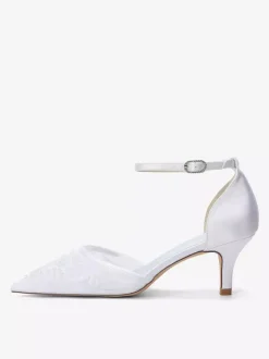 Chaussures de mariée à petits talons bout pointu et bride cheville perlée