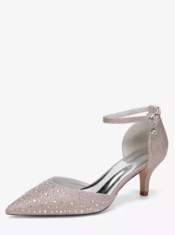 Chaussures de mariée à talon chaton en satin à bout pointu et strass