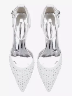 Chaussures de mariée à talon chaton en satin à bout pointu et strass