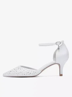 Chaussures de mariée à talon chaton en satin à bout pointu et strass