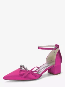 Chaussures de mariée à talon compensé bout pointu en satin strass n艙ud et bride cheville