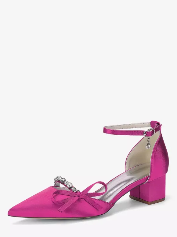 Chaussures de mariée à talon compensé bout pointu en satin strass n艙ud et bride cheville