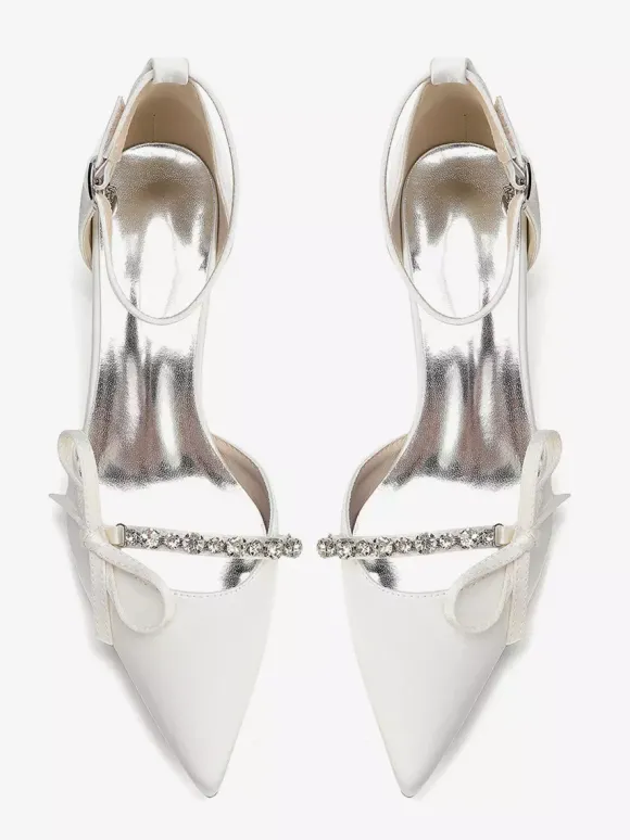 Chaussures de mariée à talon compensé bout pointu en satin strass n艙ud et bride cheville