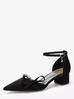 Chaussures de mariée à talon compensé bout pointu en satin strass n艙ud et bride cheville