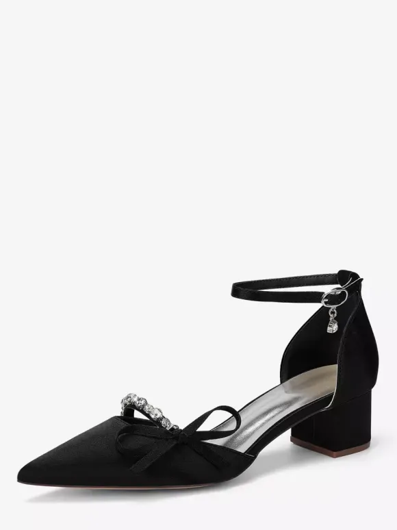 Chaussures de mariée à talon compensé bout pointu en satin strass n艙ud et bride cheville