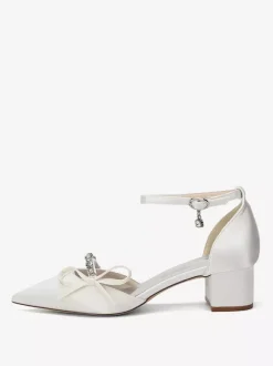 Chaussures de mariée à talon compensé bout pointu en satin strass n艙ud et bride cheville