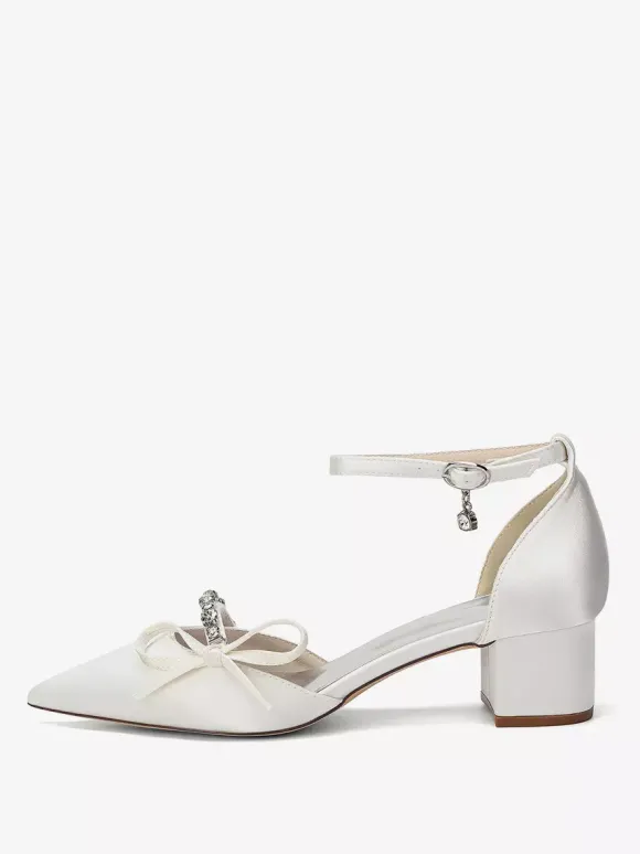 Chaussures de mariée à talon compensé bout pointu en satin strass n艙ud et bride cheville