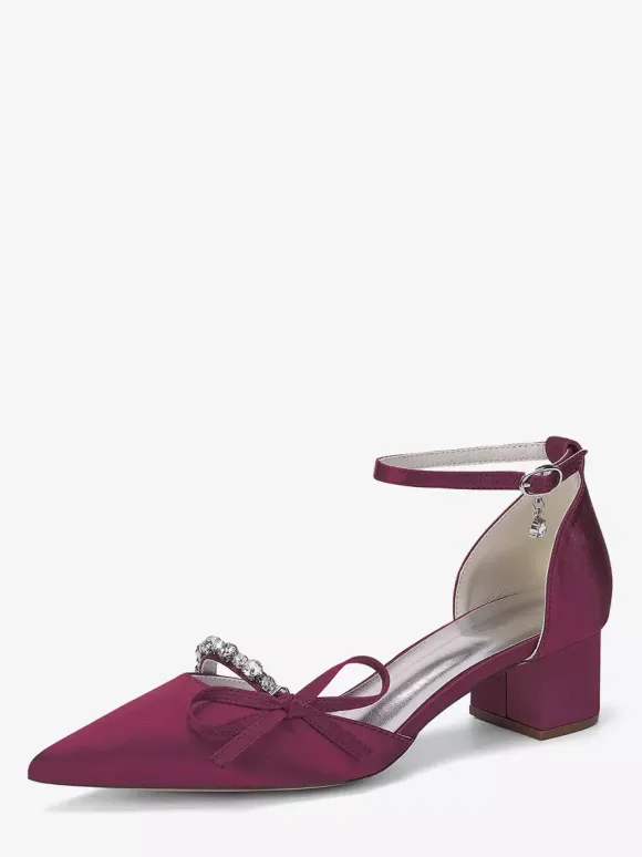 Chaussures de mariée à talon compensé bout pointu en satin strass n艙ud et bride cheville