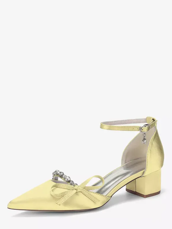 Chaussures de mariée à talon compensé bout pointu en satin strass n艙ud et bride cheville