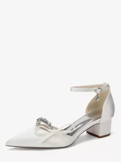 Chaussures de mariée à talon compensé bout pointu en satin strass n艙ud et bride cheville