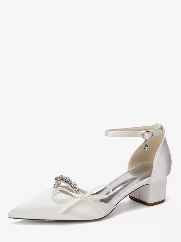 Chaussures de mariée à talon compensé bout pointu en satin strass n艙ud et bride cheville