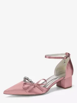 Chaussures de mariée à talon compensé bout pointu en satin strass n艙ud et bride cheville