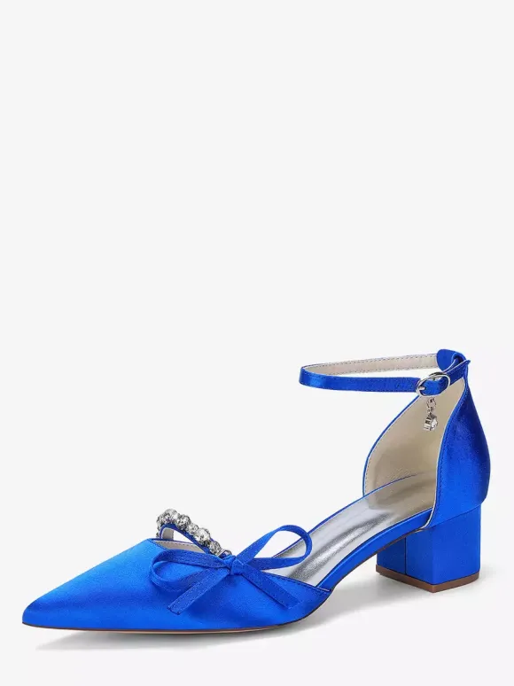 Chaussures de mariée à talon compensé bout pointu en satin strass n艙ud et bride cheville