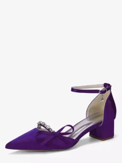 Chaussures de mariée à talon compensé bout pointu en satin strass n艙ud et bride cheville