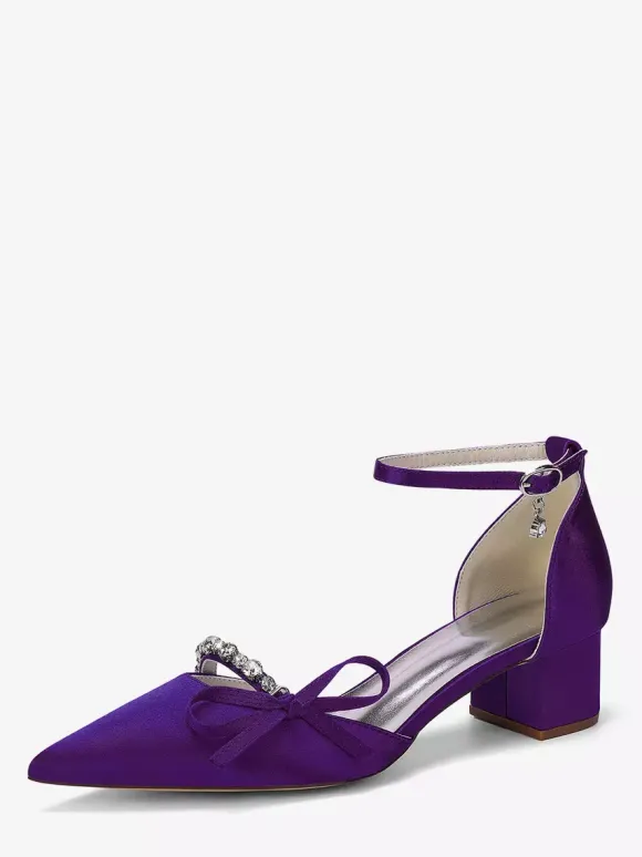 Chaussures de mariée à talon compensé bout pointu en satin strass n艙ud et bride cheville