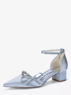 Chaussures de mariée à talon compensé bout pointu en satin strass n艙ud et bride cheville
