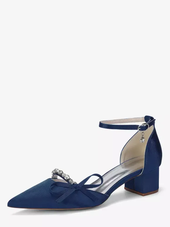 Chaussures de mariée à talon compensé bout pointu en satin strass n艙ud et bride cheville