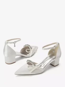 Chaussures de mariée à talon compensé bout pointu en satin strass n艙ud et bride cheville