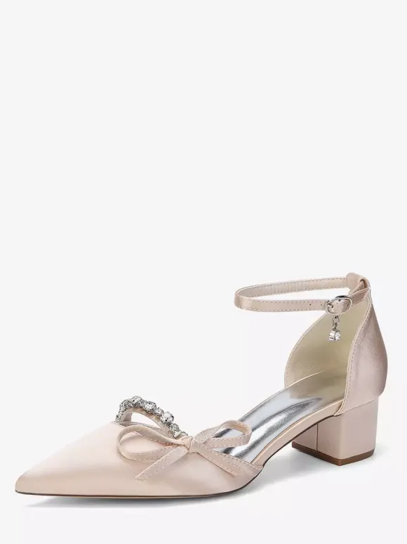 Chaussures de mariée à talon compensé bout pointu en satin strass n艙ud et bride cheville