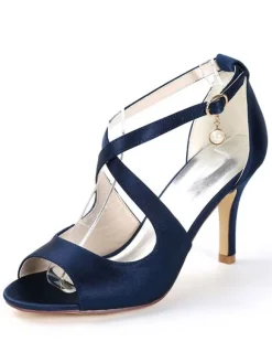Chaussures de mariée bleu foncé en satin sandales de mariage entrecroisé à talons aiguilles