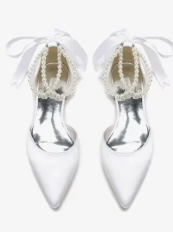 Chaussures De Mariée Bride Perles Lacet N艙ud Mariage Satin Bout Pointu
