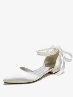 Chaussures De Mariée Bride Perles Lacet N艙ud Mariage Satin Bout Pointu