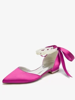 Chaussures De Mariée Bride Perles Lacet N艙ud Mariage Satin Bout Pointu