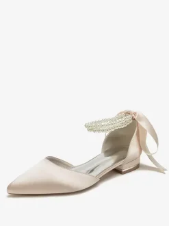 Chaussures De Mariée Bride Perles Lacet N艙ud Mariage Satin Bout Pointu