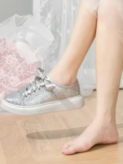 Chaussures de mariée Chaussures plates de mariage femme en cuir PU à bout rond et paillettes