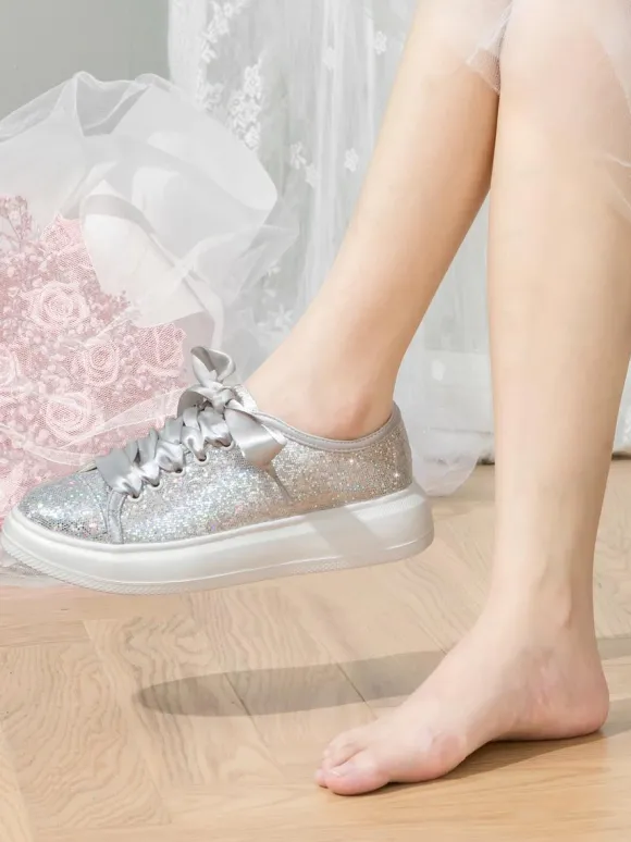 Chaussures de mariée Chaussures plates de mariage femme en cuir PU à bout rond et paillettes