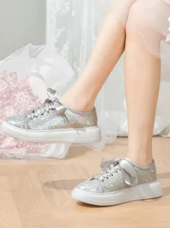 Chaussures de mariée Chaussures plates de mariage femme en cuir PU à bout rond et paillettes