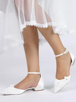Chaussures De Mariée Chaussures Plates De Mariage Satin Fleur à Bride Bout Pointu