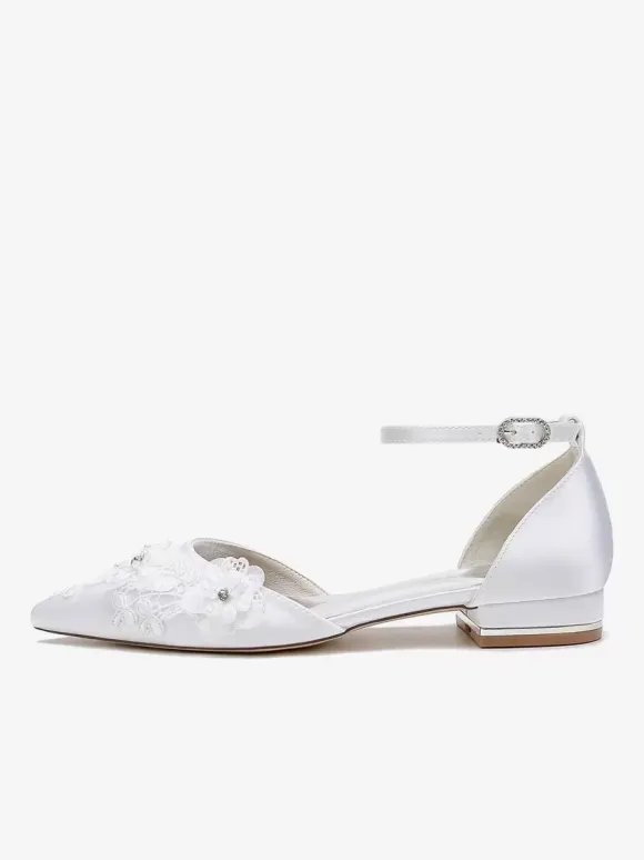 Chaussures De Mariée Chaussures Plates De Mariage Satin Fleur à Bride Bout Pointu