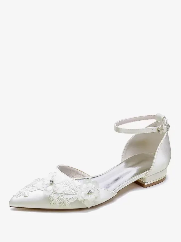 Chaussures De Mariée Chaussures Plates De Mariage Satin Fleur à Bride Bout Pointu