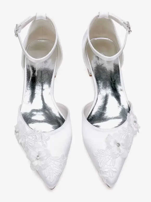 Chaussures De Mariée Chaussures Plates De Mariage Satin Fleur à Bride Bout Pointu