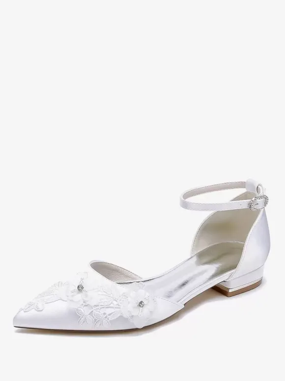 Chaussures De Mariée Chaussures Plates De Mariage Satin Fleur à Bride Bout Pointu
