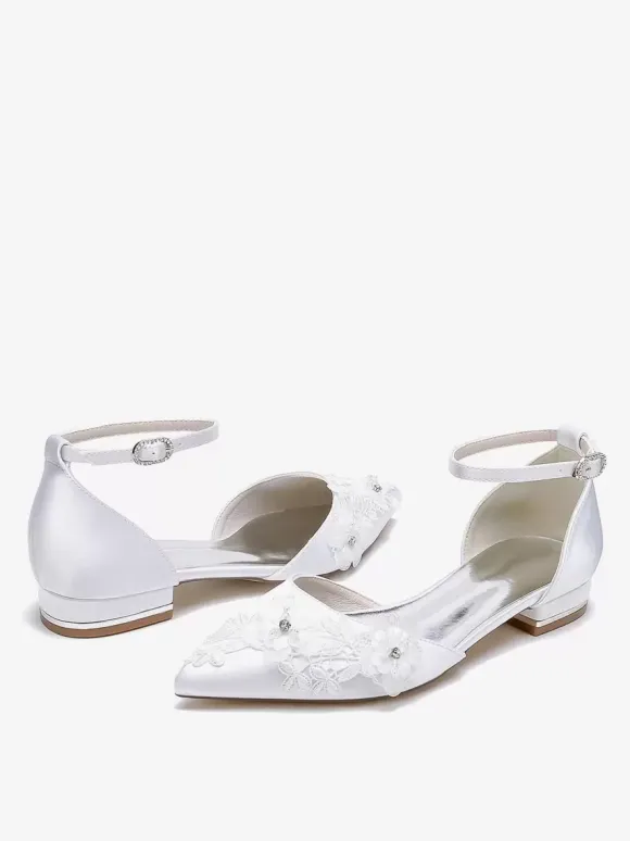 Chaussures De Mariée Chaussures Plates De Mariage Satin Fleur à Bride Bout Pointu
