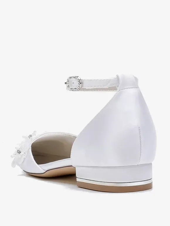 Chaussures De Mariée Chaussures Plates De Mariage Satin Fleur à Bride Bout Pointu