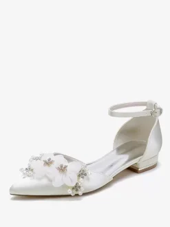 Chaussures de mariée Chaussures plates de mariage fleur en satin à bout pointu