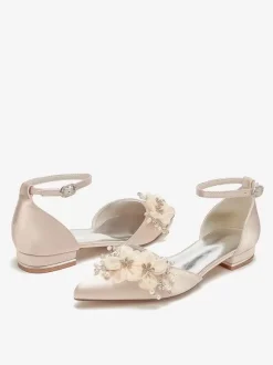 Chaussures de mariée Chaussures plates de mariage fleur en satin à bout pointu