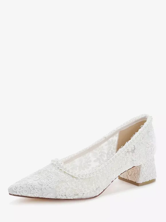 Chaussures de mariée en dentelle à bout pointu et talon compensé