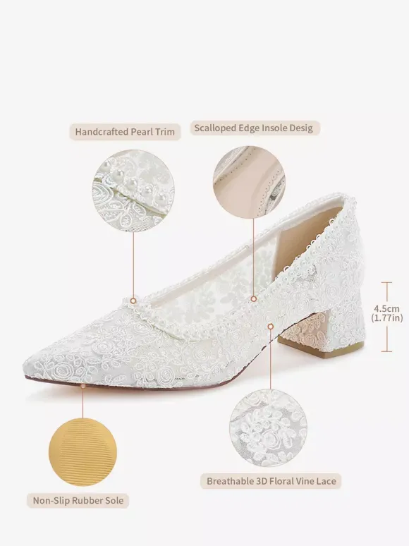 Chaussures de mariée en dentelle à bout pointu et talon compensé