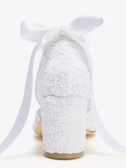 Chaussures de mariée en dentelle bout pointu perles talon compensé bride cheville
