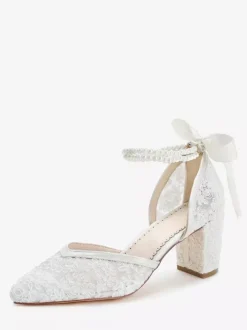 Chaussures de mariée en dentelle bout pointu perles talon compensé bride cheville