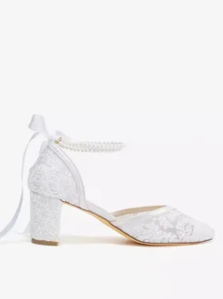 Chaussures de mariée en dentelle bout pointu perles talon compensé bride cheville