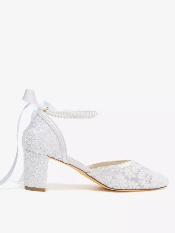 Chaussures de mariée en dentelle bout pointu perles talon compensé bride cheville
