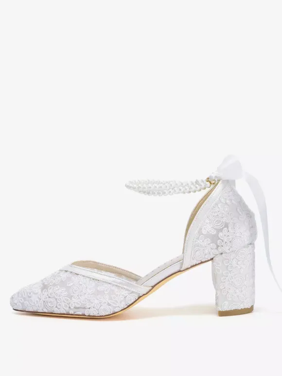 Chaussures de mariée en dentelle bout pointu perles talon compensé bride cheville